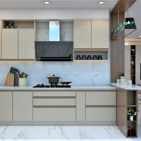 Render of an open L-shaped kitchen in handleless ivory shutters with gold groove profiles, a marble-veined slab backsplash behind a black angled chimney