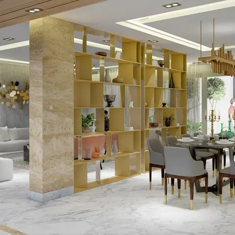 Render of an open living-and-dining floor split by a full-height brass open-box display partition and a travertine-clad column — ten-seater marble table