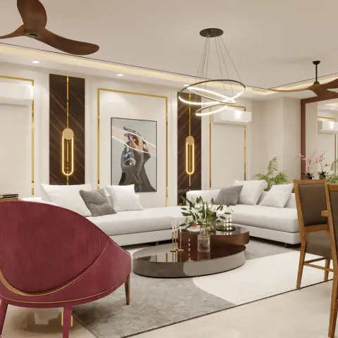 Render of an open living and dining space with a fluted dark-wood and gold-trim feature wall, a ring pendant chandelier