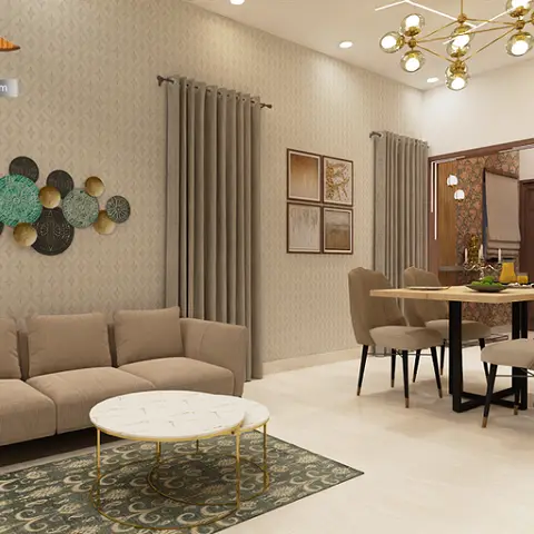 Render of an open living-dining room with a beige damask accent wall, a brass cluster chandelier, and a teal-and-gold metal wall art piece above the sofa.