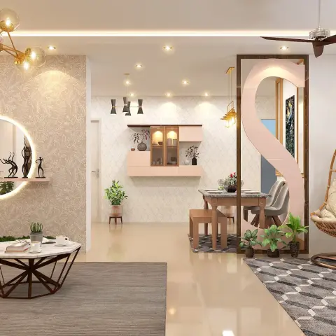Render of an open living-dining where a blush S-curved partition screens a marble-top dining set from a TV wall of beige botanical wallpaper with a backlit
