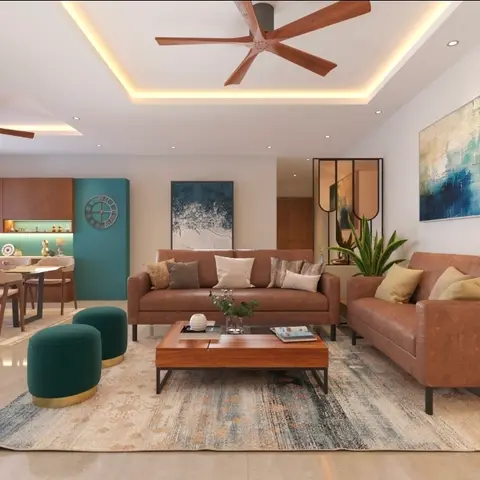 Render of an open living-dining space with tan leather track-arm sofas, teal velvet ottomans, a patterned area rug
