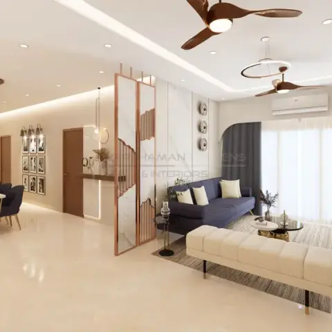 Render of an open living-dining where a navy sofa and cream tufted bench sit under twin wood-blade fans