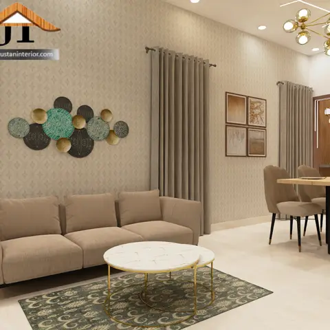 Render of an open living-dining space with a beige sofa beneath a circular metal wall art piece, patterned wallpaper