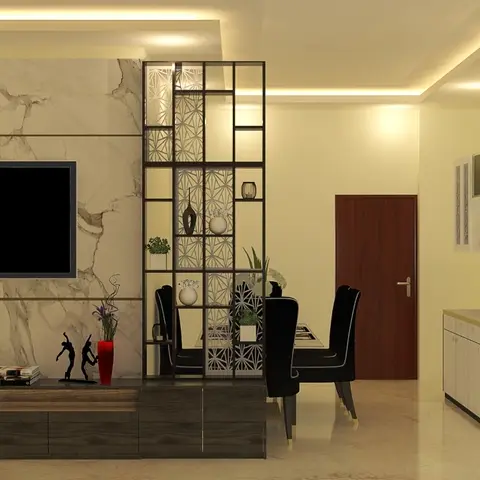 Render of an open living-dining where a Statuario slab TV wall sits over a dark wood console