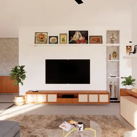Render of an open living-dining space with a wall-mounted TV over a wood console, a curated ledge of traditional Indian paintings