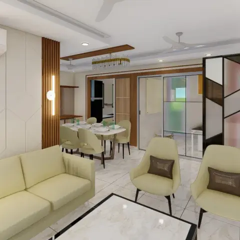 Render of an open living-dining in pistachio and cream: a long pale-green sofa against diamond-quilted ivory panelling, two winged accent chairs