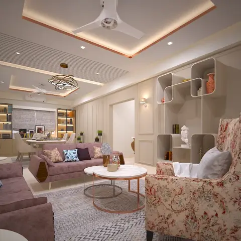 Render of an open living-dining space with a mauve velvet sofa, a floral wingback armchair, a round marble-top coffee table