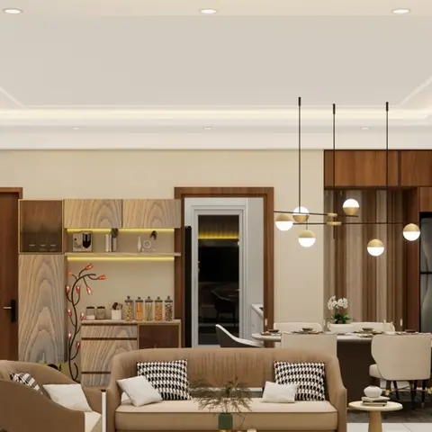 Render of an open living-dining where a beige sofa set faces a teak crockery-and-pantry run with lit open shelves