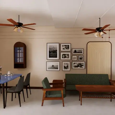 Render of an open living-dining space with mid-century wood-framed green sofas and armchairs, a blue-top dining table for six, a gallery wall of framed photos