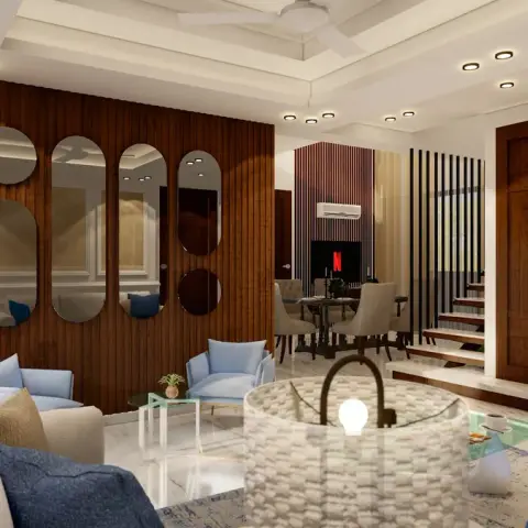Render of an open living-dining space with a fluted wood accent wall inset with a cluster of oval mirrors