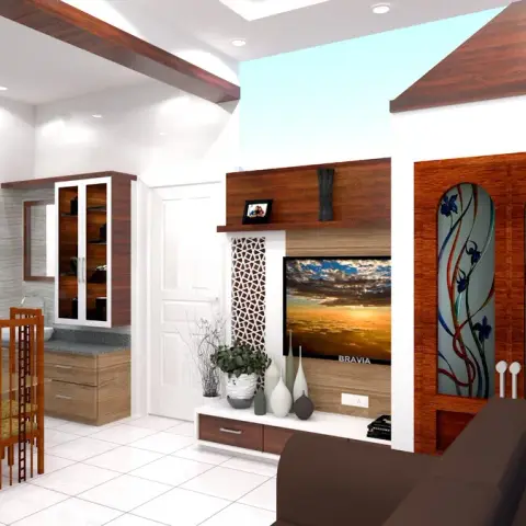 Render of an open living-dining space with a wood-panelled TV unit backed by a jali cutout screen