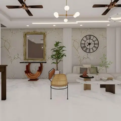 Render of an open living-dining space with a floral mural accent wall, an ornate gold-framed mirror, a sculptural console table and a curved sectional sofa.