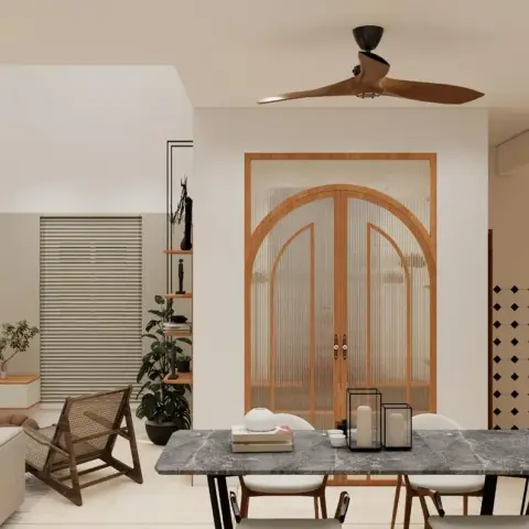 Render of an open living-dining space with an arched fluted-glass double door, a floating TV console, a rattan accent chair and a black marble dining table.