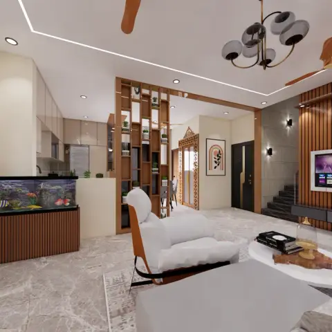 Render of an open living room — a fluted teak TV wall with recessed spots and grey floating drawers