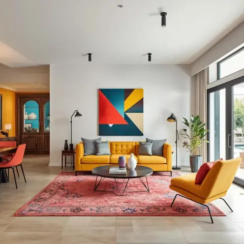 Render of an open living room with a mustard buttoned sofa under a red-and-teal geometric canvas, a black wire-base round table on a faded coral Persian rug