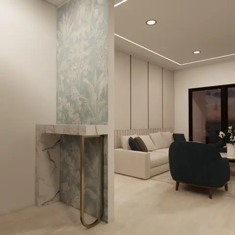 Render of an open living room seen past a marble-and-brass console with botanical wallpaper