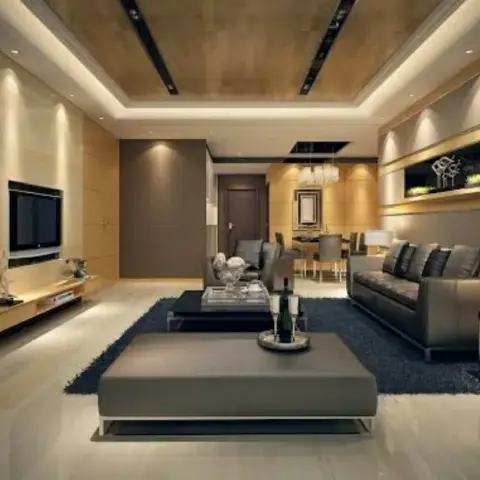 Render of an open living room with a backlit wood-panel TV wall, leather sofa and ottoman on a dark rug, dining table visible beyond.