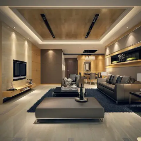 Render of an open living room with a wood-panel cove-lit ceiling, brown leather sofas around a dark rug, twin ottoman coffee tables