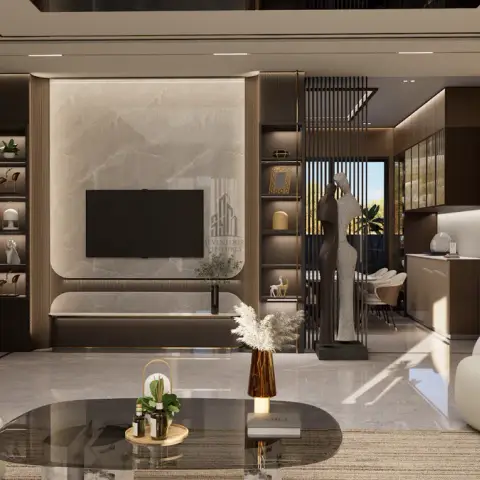 Render of an open living room with a marble slab TV wall, lit display shelving with sculptural decor, and boucle armchairs around a glass coffee table