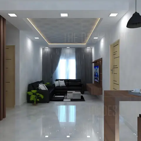 Render of an open living space with a black leather L-shaped sofa facing a floating TV unit, sheer grey curtains, a cove-lit patterned ceiling