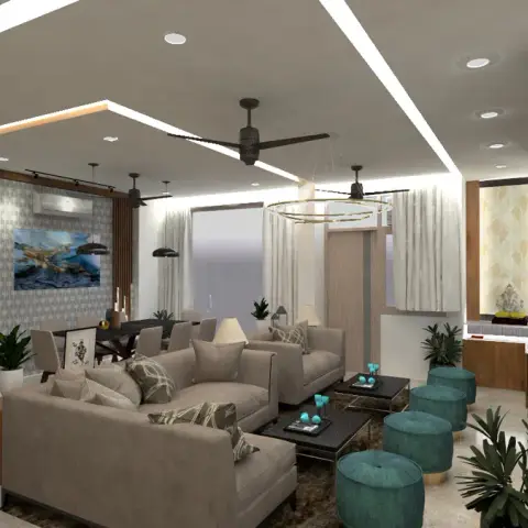 Render of an open living space with a taupe sectional sofa, twin black coffee tables and teal velvet poufs, a fluted-wood accent wall with framed art