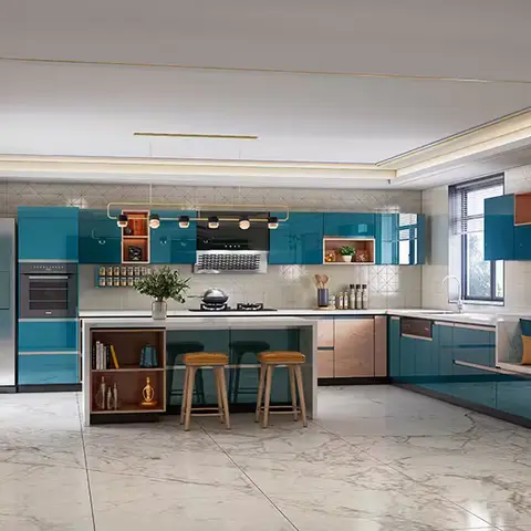 Render of an open modern kitchen with glossy teal cabinetry, a marble-topped island with wooden bar stools, and a built-in bay window seating nook.