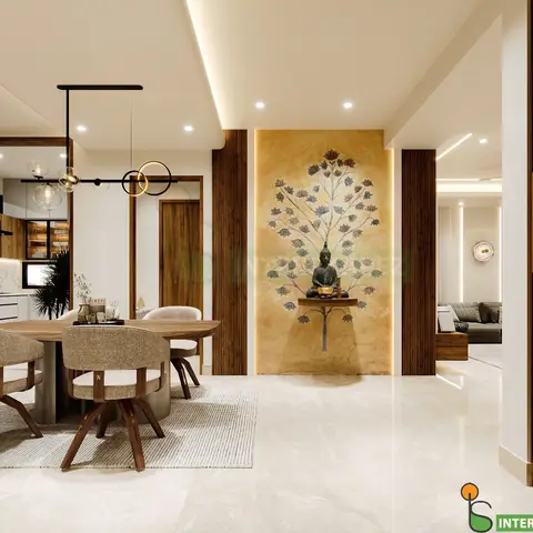 Render of an open-plan dining and entrance area with a lotus-tree mural and Buddha statue niche on a fluted wood feature wall