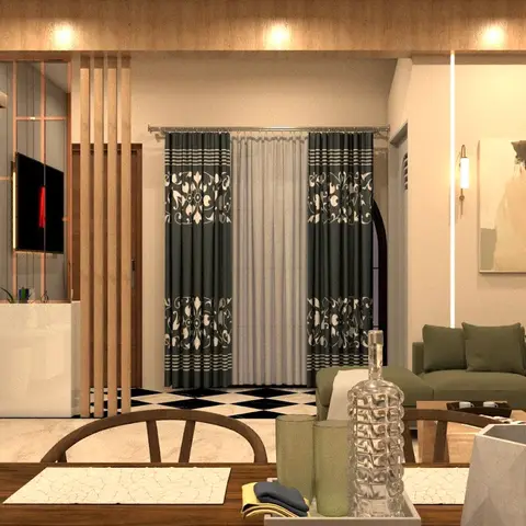 Render of an open-plan dining-living space with a fluted wood partition screen, patterned green curtains