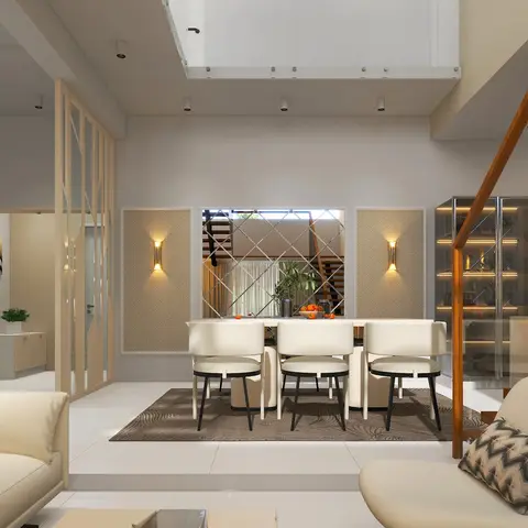 Render of an open-plan double-height home showing a dining table beneath patterned wall panels, cream sofas in the foreground