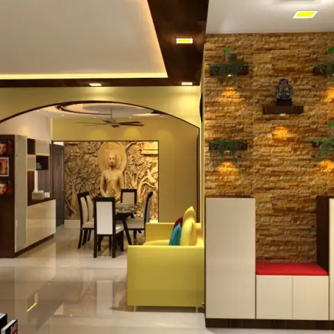 Render of an open-plan entrance leading into living and dining areas, with a stone-clad accent wall