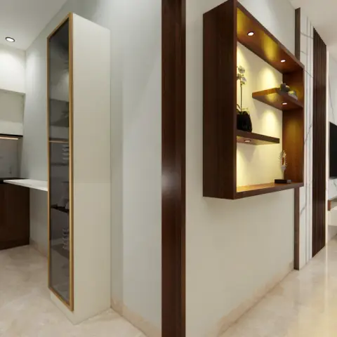 Render of an open-plan flat where a glossy brown-and-cream modular kitchen sits behind a walnut-framed backlit display niche