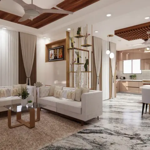 Render of an open-plan flat where two cream sofas sit on heavily grey-veined marble