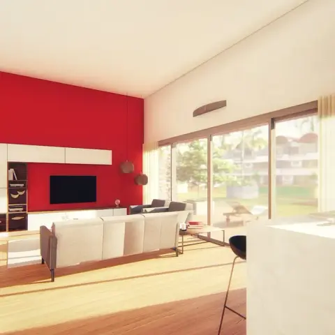 Render of an open-plan floor where a crimson TV wall with a white floating media unit anchors the living zone