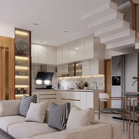 Render of an open-plan home showing a pooja unit with an illuminated Ganesh motif, a white modular kitchen