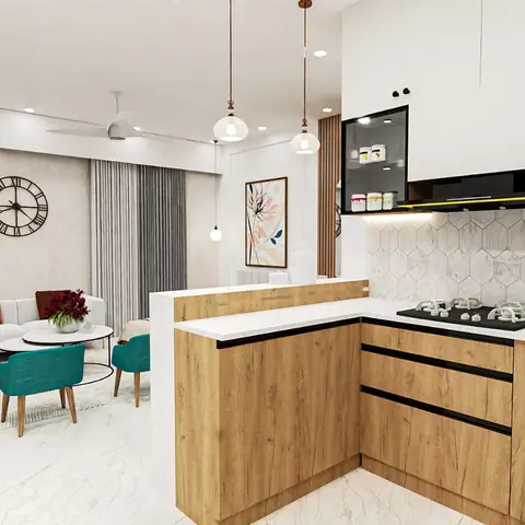 Render of an open-plan home showing a wood-cabinetry kitchen with hexagonal marble backsplash and gas hob in the foreground