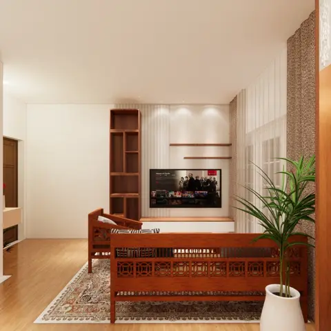 Render of an open-plan home showing a stainless-steel kitchen, a living area with a carved wood jali daybed and TV unit on a Persian-style rug