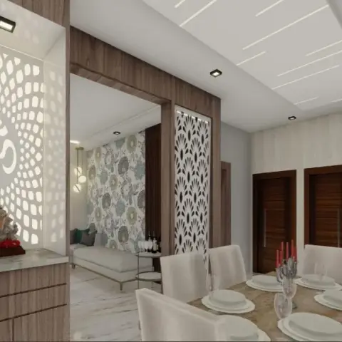 Render of an open-plan home showing a backlit Om jaali pooja niche with a Ganesh idol, a set dining table beneath a linear cove-lit ceiling