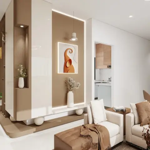 Render of an open-plan home showing a backlit foyer console wall with framed art, a living room with a beige sectional and armchair