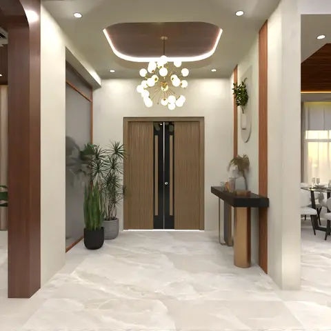 Render of an open-plan home entrance with a sputnik chandelier over a wood-panelled front door and console table