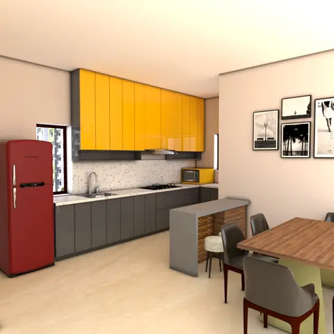 Render of an open-plan kitchen and dining area with glossy yellow upper cabinets, charcoal grey lower cabinets, a red retro fridge