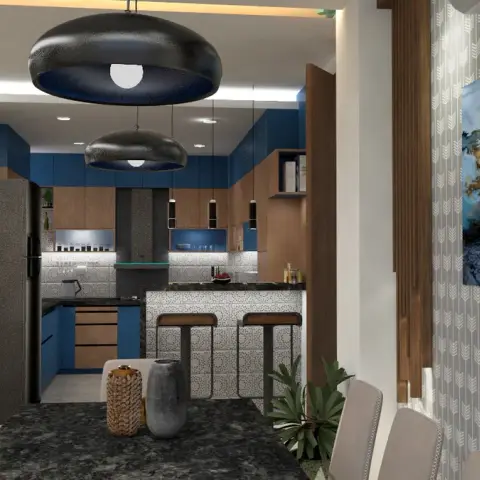 Render of an open-plan kitchen and dining area with navy-blue and wood-tone kitchen cabinetry, two dome pendant lights over a breakfast counter