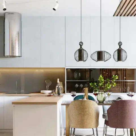 Render of an open-plan kitchen-dining-living space with pale blue-grey handleless kitchen cabinetry