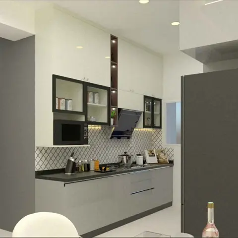 Render of an open-plan kitchen, dining and living area with grey glossy cabinetry, a diamond-pattern tile backsplash and a tall panelled refrigerator unit.