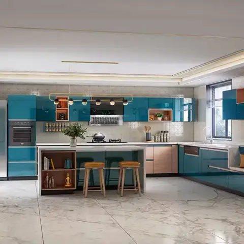 Render of an open-plan kitchen with glossy teal-blue cabinetry, a marble-topped island with bar seating, a built-in bench nook