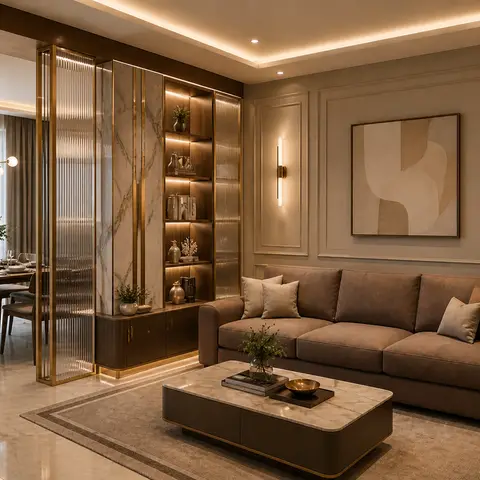 Render of an open-plan living room with a brown leather sofa and marble coffee table