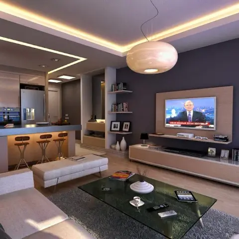 Render of an open-plan living room with an aubergine feature wall behind a long wall-hung TV console, a glass coffee table on a grey shag rug