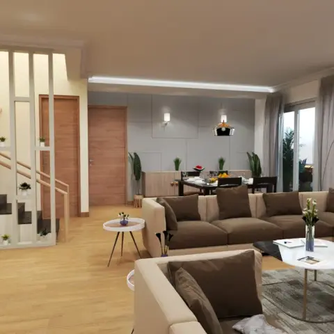 Render of an open-plan living room with a taupe modular sectional on a grey rug, a white slatted screen wrapping the timber staircase