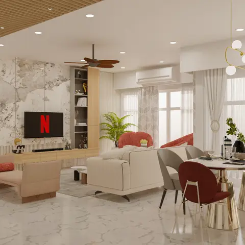 Render of an open-plan living and dining space with a marble slab TV wall, cream and coral upholstered seating