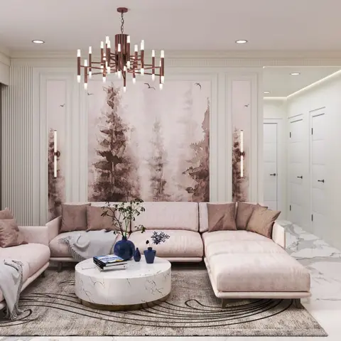 Render of an open-plan living and dining space with a blush-pink sectional sofa, a forest-mural wallpaper feature wall flanked by fluted panelling
